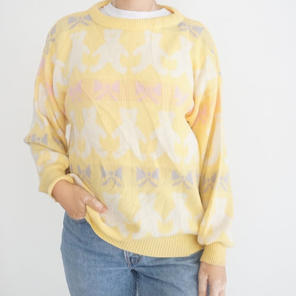Vintage Yellow w White Teddy Bears Knit Crewneck Sweater L